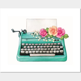 AQUA TEAL TURQUOISE VINTAGE TYPEWRITER WITH VIBRANT FLOWERS Posters and Art